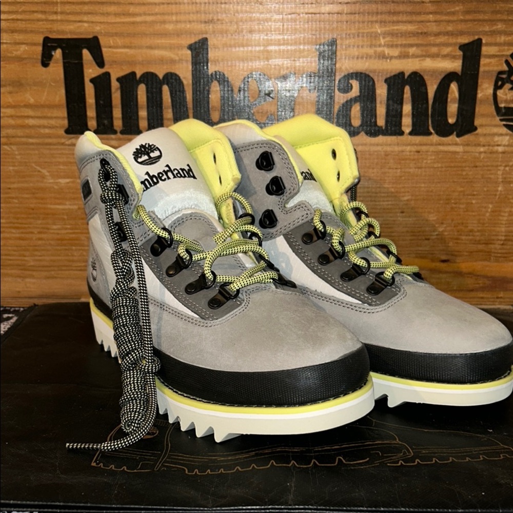 Men’s 10 Timberland Gray and Neon Euro Hiker Sneaker Boots